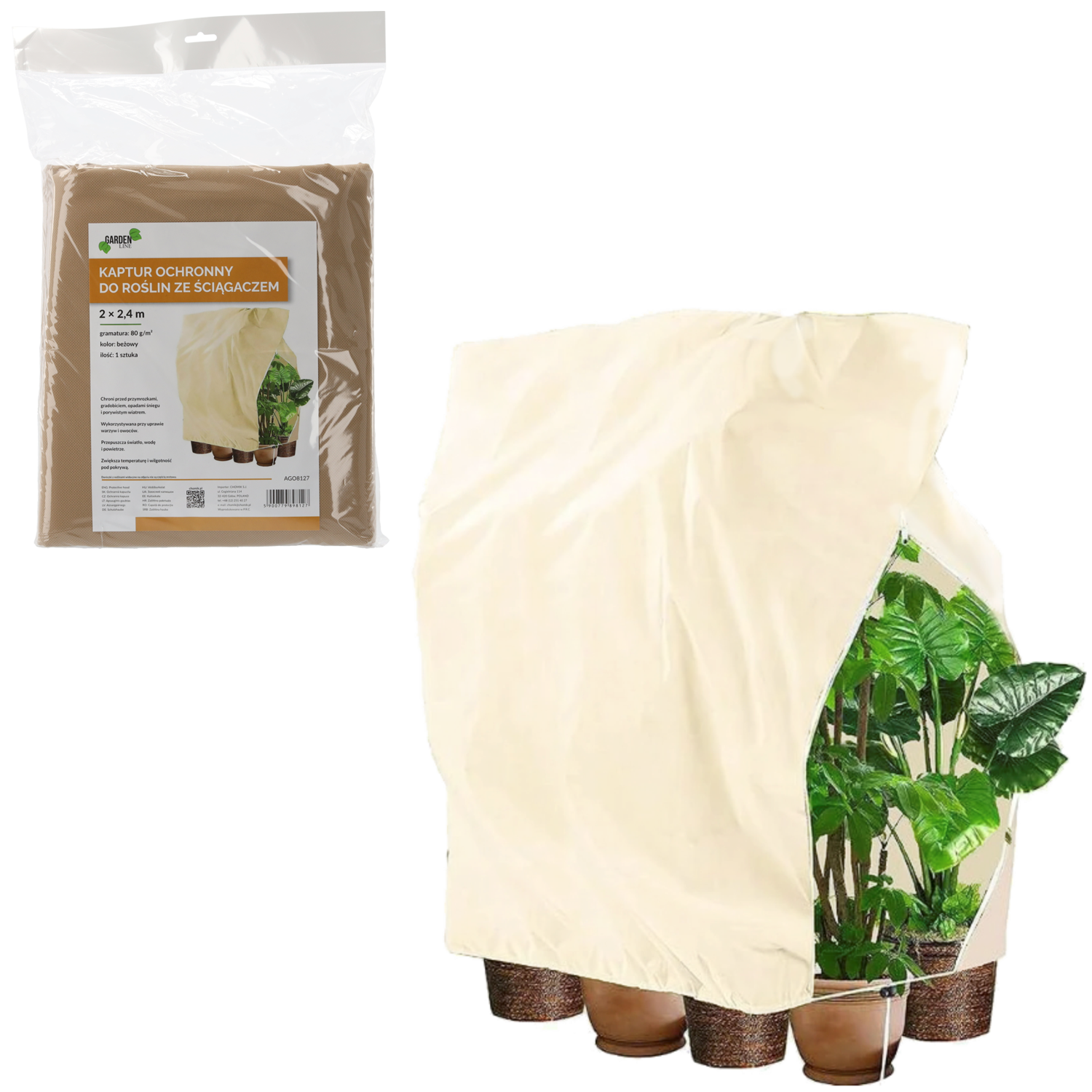 KAPTUR OCHRONNY DO ROŚLIN 2 x 2,4 M ZE ŚCIĄGACZEM 80G BEŻOWY *8127 - obrazek 2