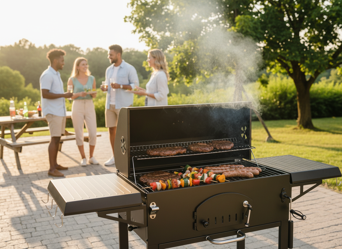 GRILL WĘGLOWY "VULCANO" Z POKRYWĄ, ŻELIWNYM RUSZTEM I KÓŁKAMI 153 x 65 x 137 CM - obrazek 4