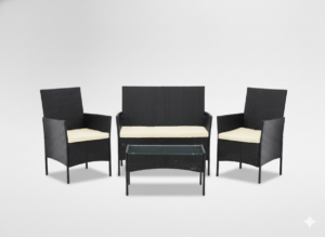 ZESTAW MEBLI RATTANOWYCH (SOFA, 2 FOTELE, ŁAWA) CZARNY + KREM. POD.