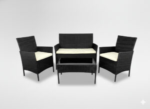 ZESTAW MEBLI RATTANOWYCH (SOFA, 2 FOTELE, ŁAWA) CZARNY + KREM. POD.
