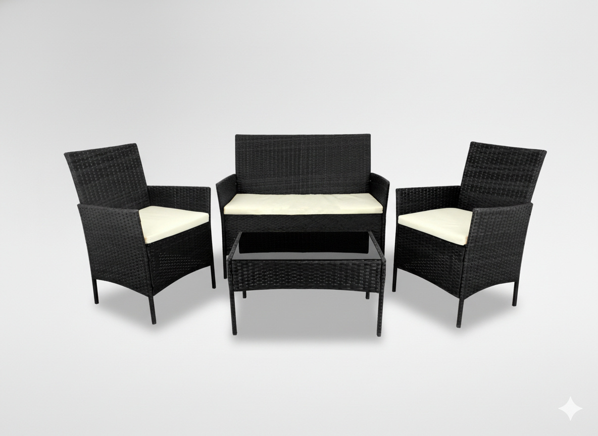 ZESTAW MEBLI RATTANOWYCH (SOFA, 2 FOTELE, ŁAWA) CZARNY + KREM. POD. - obrazek 2