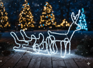 ŚWIĄTECZNY RENIFER Z SANIAMI LED 120 x 27 x 66 CM ZIMNY BIAŁY + ZIMNY FLASH WEWN/ZEWN *8349