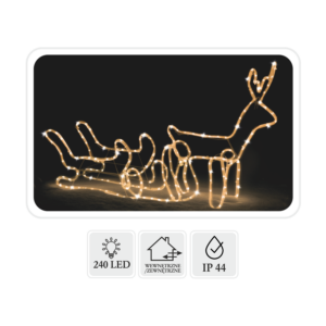 ŚWIĄTECZNY RENIFER Z SANIAMI LED 120 x 27 x 66 CM CIEPŁY BIAŁY + ZIMNY FLASH WEWN/ZEWN *8356
