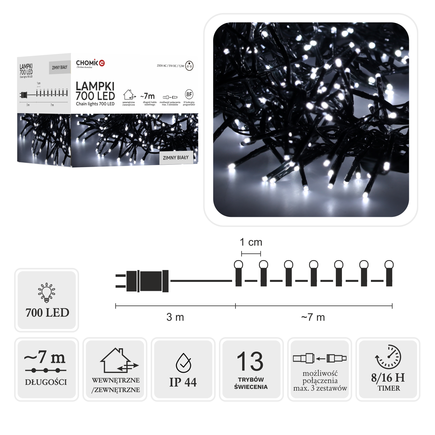 LAMPKI LED CLUSTER 700L ZIMNY BIAŁY, DŁ. 3 + 7 M WEWN/ZEWN *8189 - obrazek 3