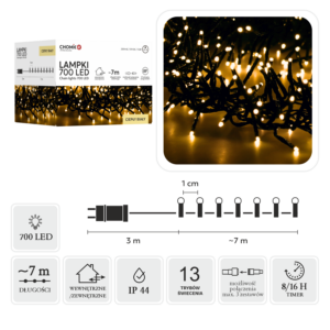LAMPKI LED CLUSTER 700L ZIMNY BIAŁY, DŁ. 3 + 7 M WEWN/ZEWN *8189