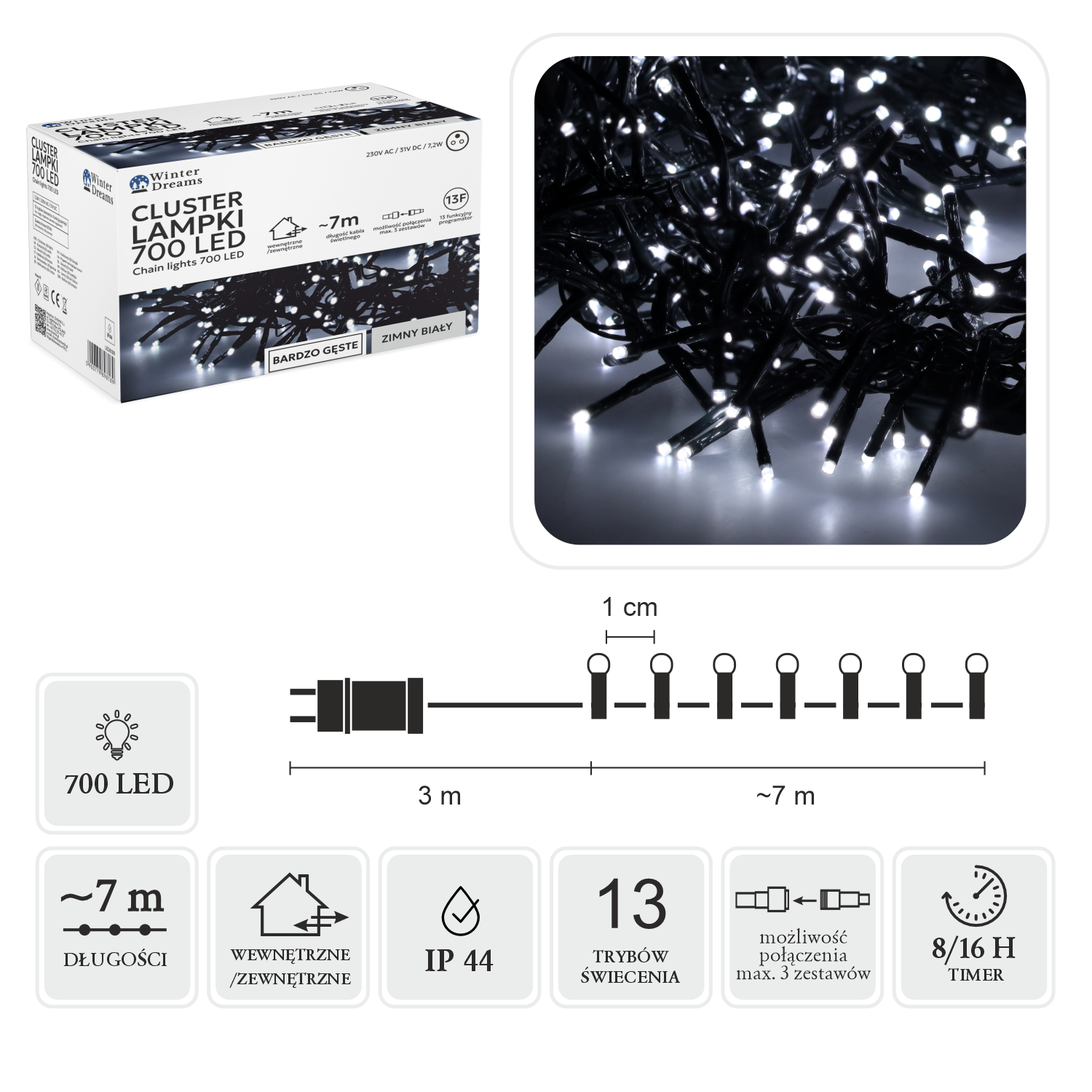 LAMPKI LED CLUSTER 700L ZIMNY BIAŁY, DŁ. 3 + 7 M WEWN/ZEWN *8189 - obrazek 5