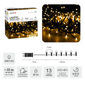 LAMPKI LED CLUSTER 1000L CIEPŁY BIAŁY, DŁ. 3 + 10 M WEWN/ZEWN *8202