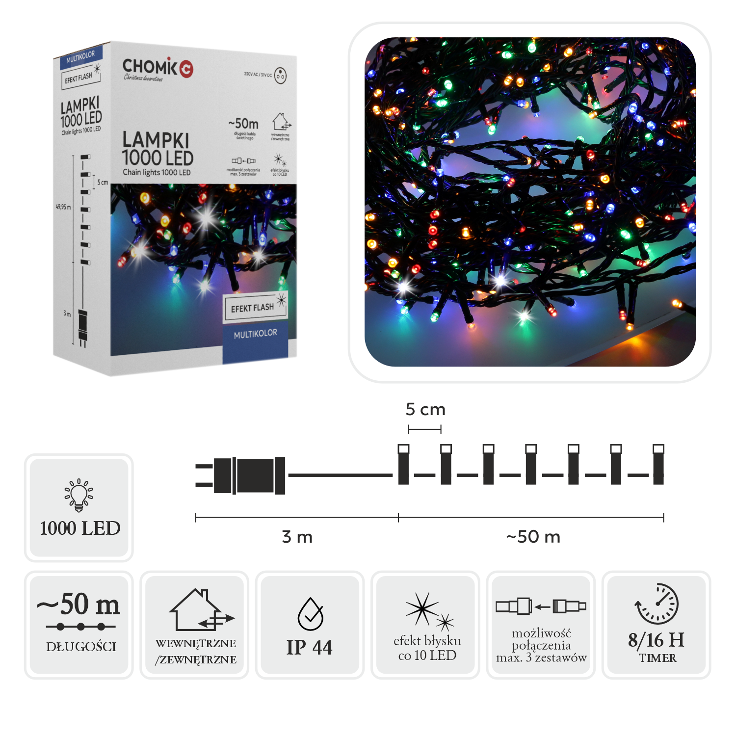 LAMPKI LED 1000L MULTIKOLOR + ZIMNY FLASH, DŁ. 3 + 50 M WEWN/ZEWN *8455 - obrazek 2
