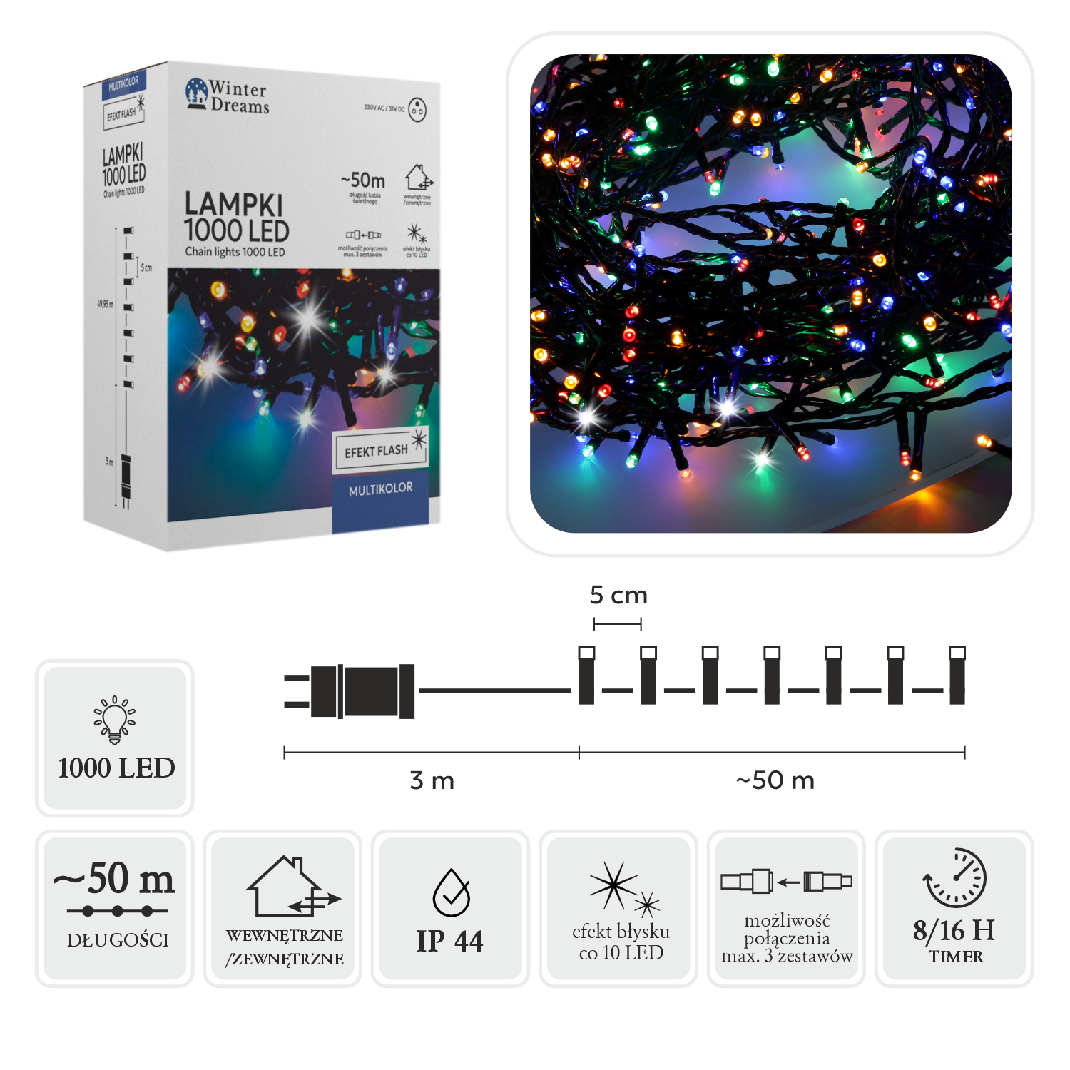 LAMPKI LED 1000L MULTIKOLOR + ZIMNY FLASH, DŁ. 3 + 50 M WEWN/ZEWN *8455 - obrazek 3